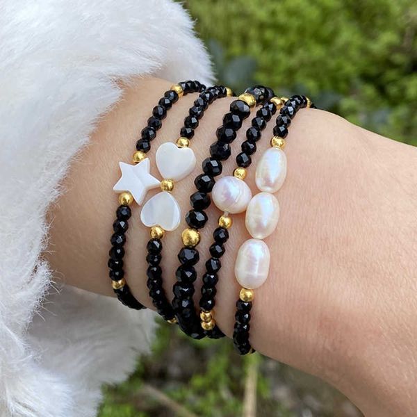 

charm bracelets fashion heart shell star charm bracelet women natural pearl bracelet black spinel small beads bangles female jewelry friends, Golden;silver