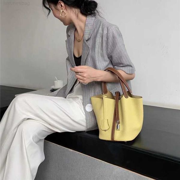 

designer luxury and product colored vegetable basket baotou layer cowhide handbag water bucket bag fashion picotin