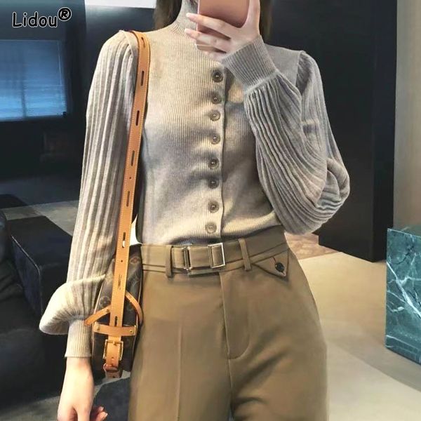 

women's knits tees slim turtleneck button lantern sleeve solid temperament office lady autumn winter thin clothing sweaters intellectua, White