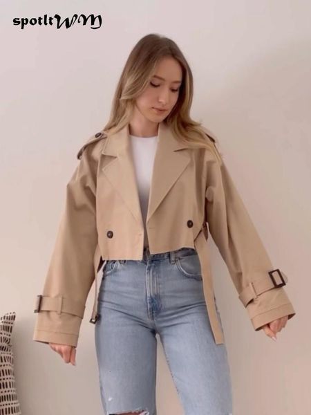 

women's trench coats khaki cropped women long sleeves design jacket chic lady high street casual loose female 2023 230403, Tan;black