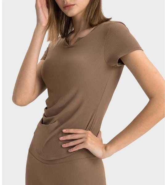 

lu-386 striped rib yoga fashion pleated small v-neck sports short sleeve shirt women's fitness running slim fit gym clothes, White;red