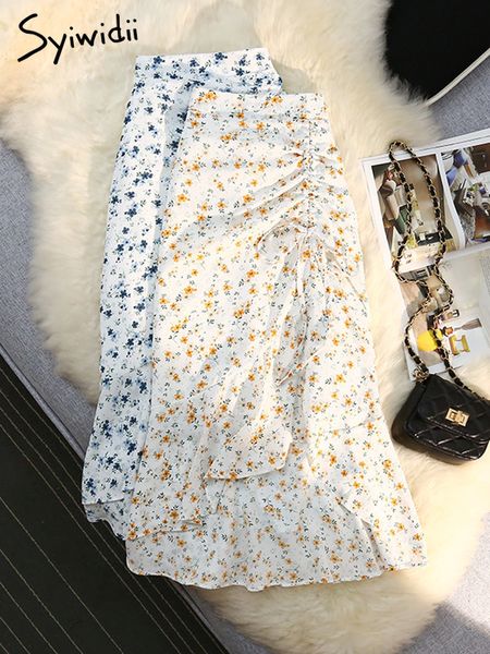 

skirts syiwidii shirring mermaid for women summer floral print chiffon midi long skirt korean fashion elegant 230404, Black