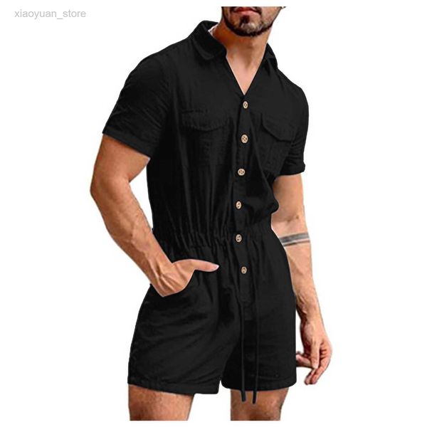 

men's shorts 2022 summer short sleeve solid loose overalls casual men romper fashion men's cotton linen jumpsuit with pockets plus, White;black