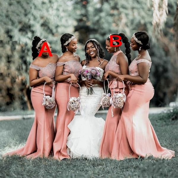 

2023 bridesmaid dresses dusty pink lace appliques wedding guest african girls mermaid off shoulder halter elegant maid of honor gowns custom, White;pink