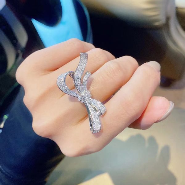 

luxury bowknot ring 925 sterling silver party wedding band rings for women bridal engagement jewelry promise birthday gift, Slivery;golden