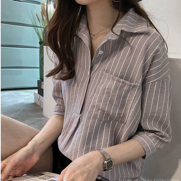 

women's blouses shirts summer women's shirt stripe 3/4 sleeve plus size women's shirt loose stripe camisa mujer white/pink/gr