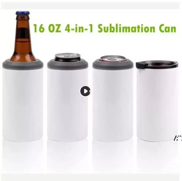 

16oz sublimation can cooler tumblers blanks 4 in 1 can insulator adapter with leack-proof lid plastic straw stainless