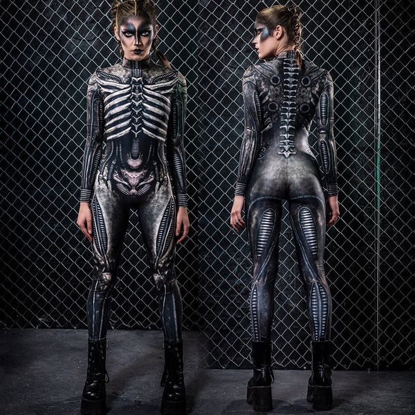 

theme costume halloween performance print scary human skeleton uniforms tight fit female identity v role playing jumpsuit animation 230404, Black;red