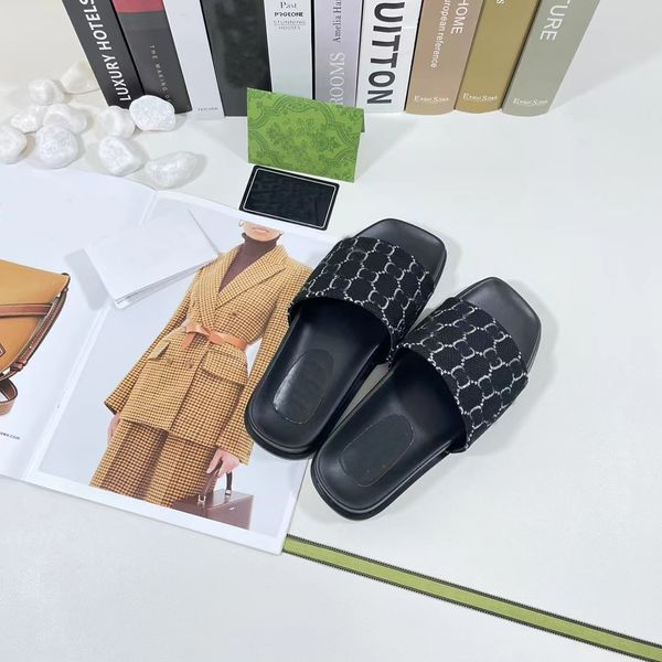 

square head flat slippers fashion week new original embroidered thread printed with private model leather outsole 5-44, Black