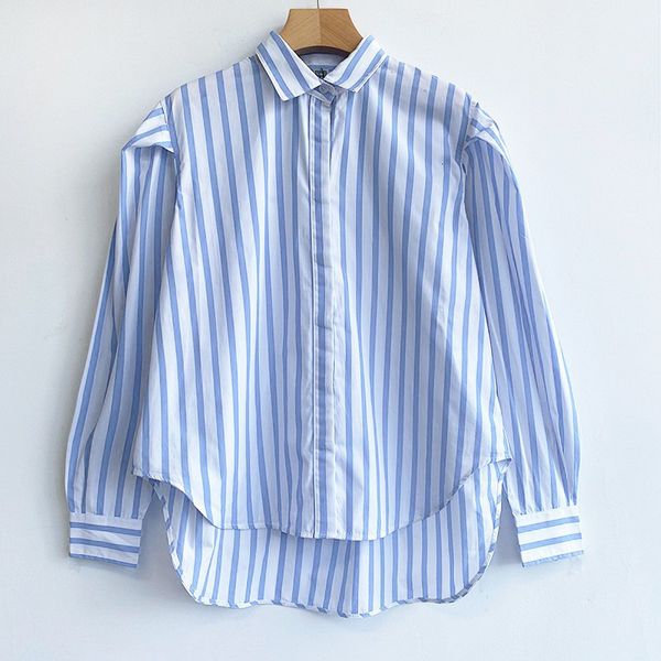 

women's blouses shirts tote classic 100 pure cotton lady blue stripe female spring and summer puff sleeves 230404, White