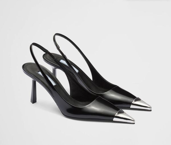 

elegant woman high heels sandal triangle brushed leather sandals shoes for women slingback pumps luxury footwear women high-heels pointe toe, Black