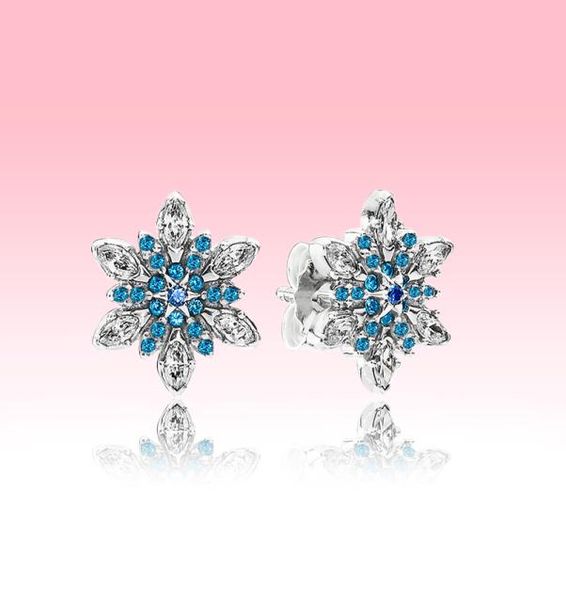 

blue cz diamond snowflake stud earrings luxury designer women jewelry for pandora 925 silver earring with original box set8141888, Golden;silver