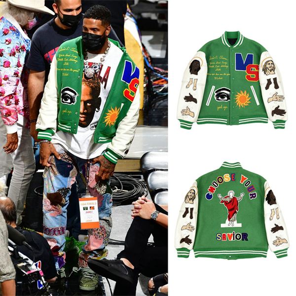 

Usa Men Outdoor Bomber Coats Letter Embroidery Outerwear Patchwork Stand Collar Leather Sleeve Jacket Baseball Designer Man, Green