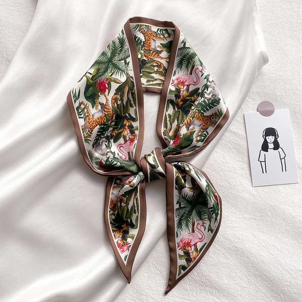 

sarongs leopard flamingo print silk long scarf women luxury hairband narrow scarves small neckerchief summer headband ribbons female p230403, Blue;gray