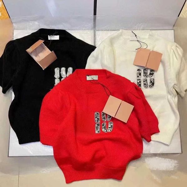 

23 new knitted sweater designer sweaters heavy industry beaded letters puff sleeve knitts t-shirt womens short top, White;black