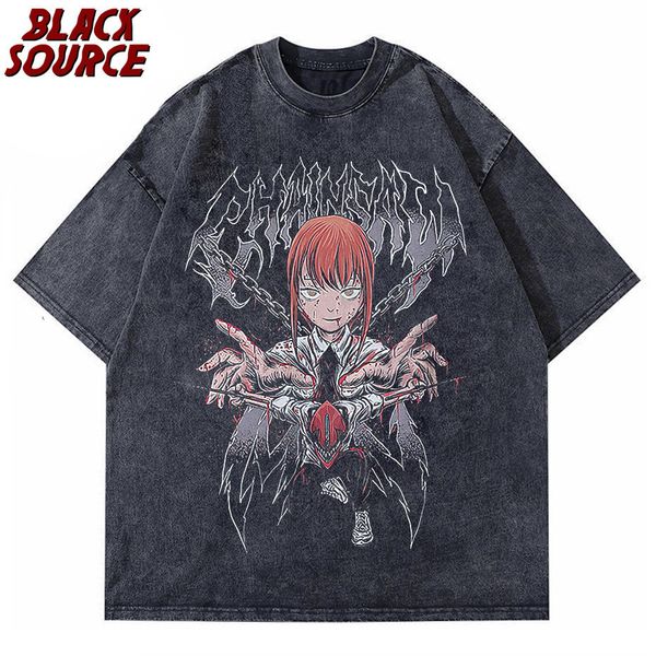 

men's tshirts makima graphic tshirts harajuku vintage washed anime chainsaw man tees retro manga short sleeve y2k denji t shirt oversi, White;black