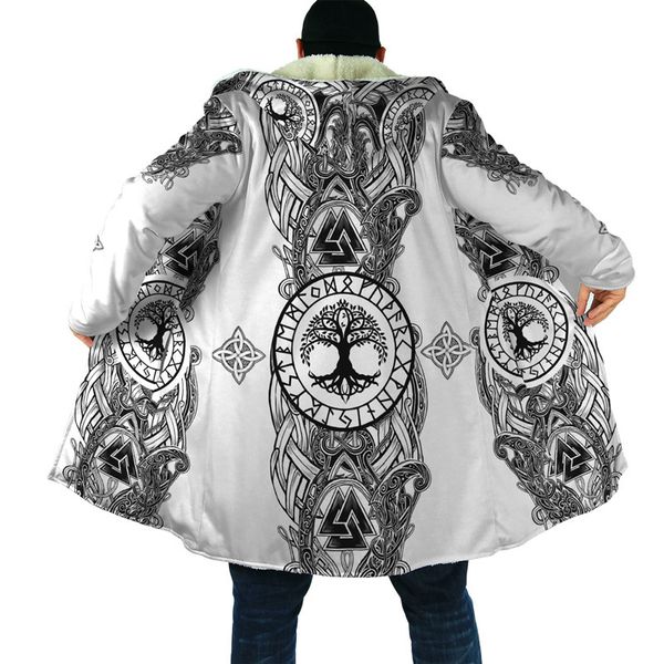 

men's trench coats winter fashion men's viking cloak odin crow tattoo 3d printing fleece hooded casual thick warm 230404, Tan;black