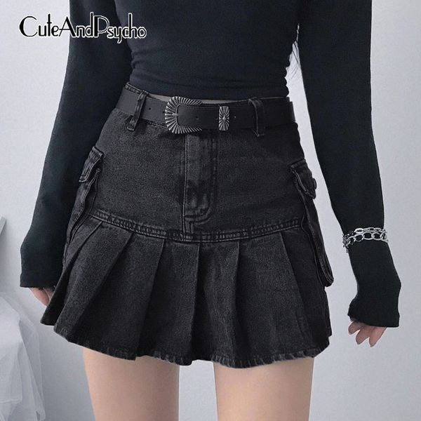 

skirts vintage pleated denim women dark academia fashion goth black high waist skirt 90s korean pockets cuteandpscho 230404