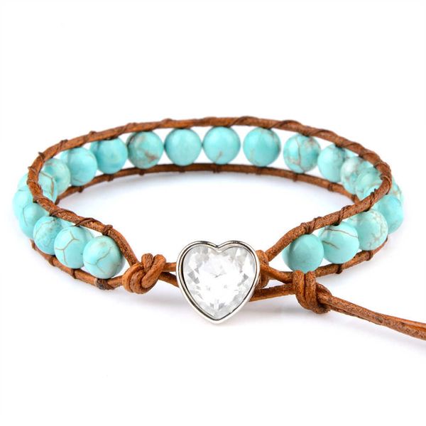 

charm bracelets chanfar 6mm genuine natural stone beaded heart-shaped turquoises leather cord bracelet for women men jewelry aa230403, Golden;silver