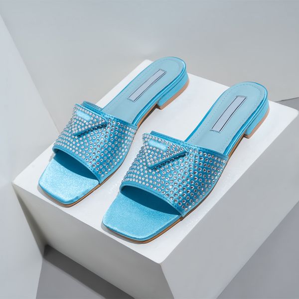 

designer slides women luxury slippers rhinestone slipon sandals 2023 summer slide ladies beach chunky heels classic p sandal triangle low he, Black