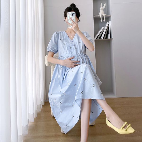 

maternity dresses korean style short sleeved v-neck pregnant woman summer cotton dress with fashionable floral embroidery pregnant woman dre, White