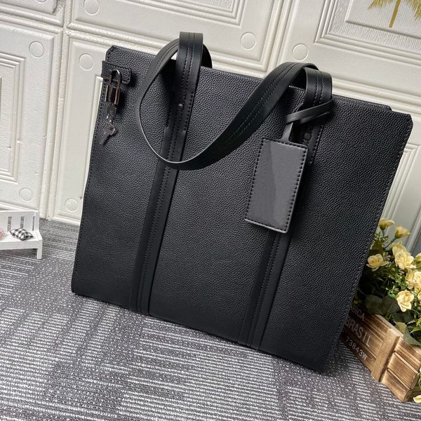 

simple briefcase fashion tote bag black metal logo design leather men's handbag