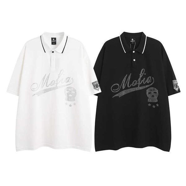 

american street shirt men's short sleeve summer heavy work letter beaded t-shirt ins trendy top, Black;white