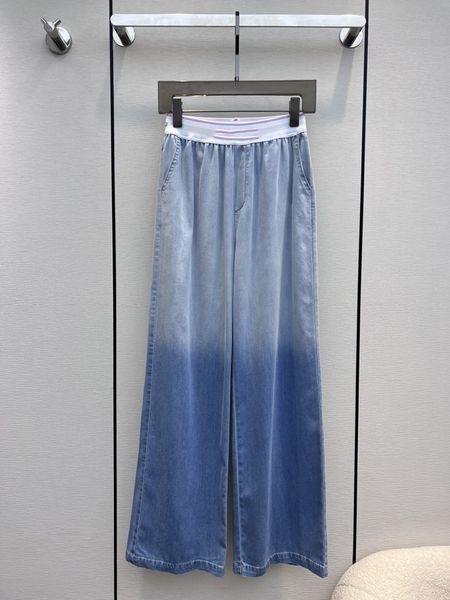

23 spring/summer new jeans vintage style letter wash gradient contrast elastic waist wide leg pants, Blue