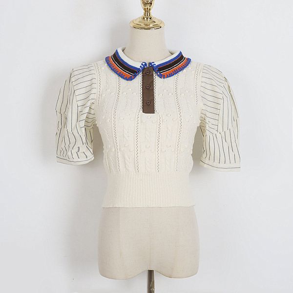 

316 2023 milan runway women's sweaters spring summer brand same style sweater short sleeve lapel neck apricot pullover striped womens d, White;black