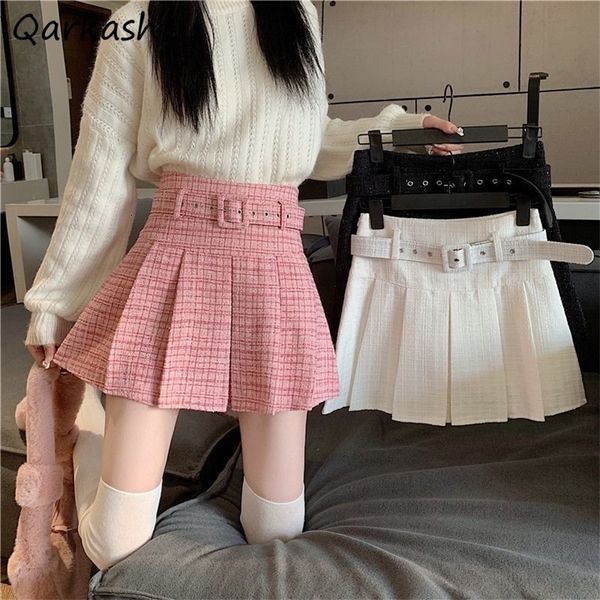 

skirts tweed mini pleated ski women's belt and cute vintage prep korean fashion style autumn winter y2k dress plain faldas 230404, Black
