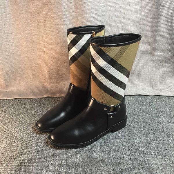 

designer boot WOMen Shoes Fashion Trend Wild British Handmade Brown Checkered Buckle Personality dermis Middle cylinder Boots