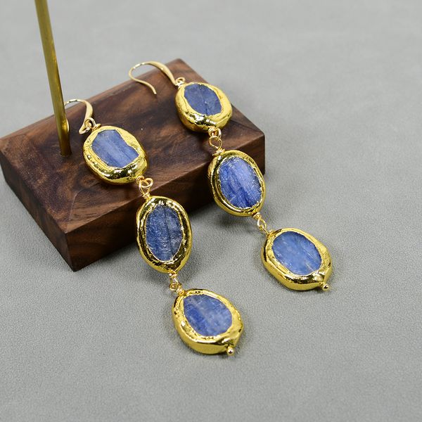 

natural blue kyanite gems stone dangle yellow gold plated edge paved dangle hook earrings handmade women jewelry gifts, Silver