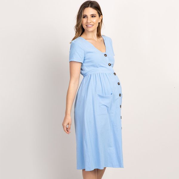 

maternity dresses ready stock pregnant women's dress pregnant women's short sleeve dress summer women's dress with button poc, White