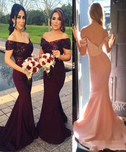

off shoulder bridesmaid dresses mermaid backless cap sleeve sequins long maid of honor gowns evening party vestidos plus size1250143, White;pink