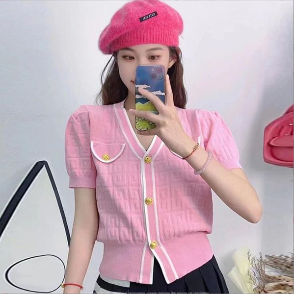 

315 2023 milan runway women's sweaters spring summer brand same style sweater short sleeve v neck white pink black cardigan striped wom, White;black