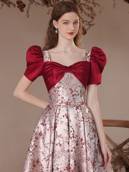 

burgundy bridesmaid dresses puff sleeve square collar jacquard print satin women formal occasion plus size party celebrity gowns, White;pink