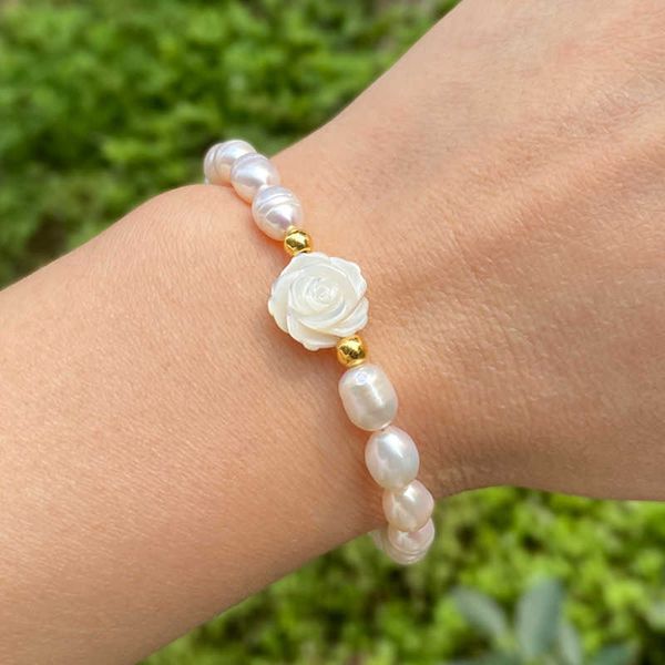 

charm bracelets shell rose flower bracelet real freshwater pearl beads bracelet for women natural pearls charm bangles female jewelry weddin, Golden;silver