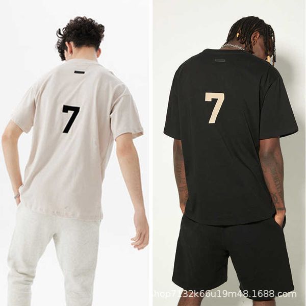 

FOG Season 7 Main Line 7-line Flocking Short Sleeve American High Street Men' and Women' Fashion Brand Casual Pure Cotton Couple T-shirt, Black
