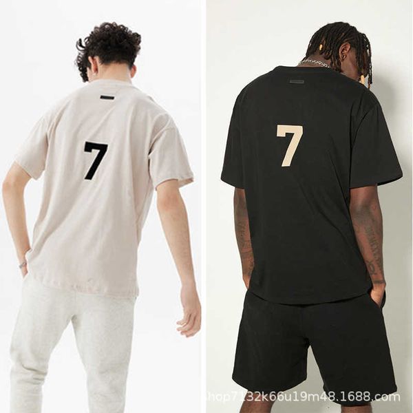 

FOG Season 7 Main Line 7-line Flocking Short Sleeve American High Street Men's and Women's Fashion Brand Casual Pure Cotton Couple T-shirt, Wheat color