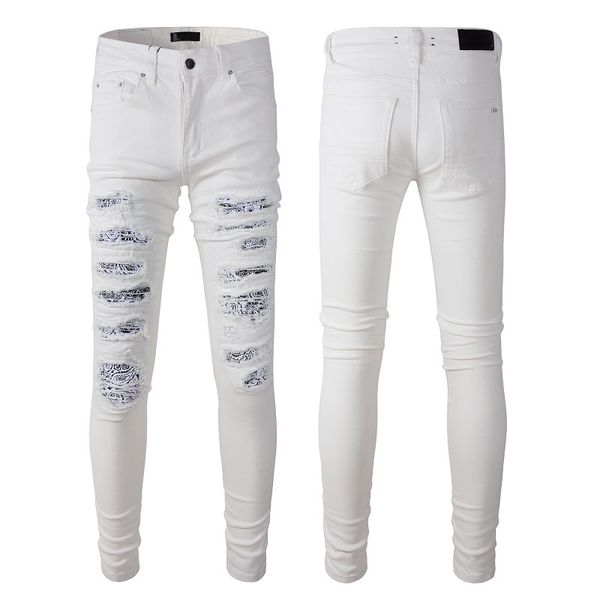 

Fashion casual straight zipper fly washed white slim fit elastic hole patch jean men
