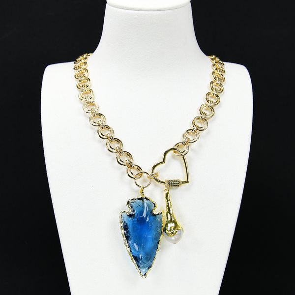 

beaded cultured white keshi pearl gold plated fashion chain necklace blue glass rough arrow pendant handmade for lady gifts, Silver