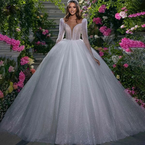 

vintage glitter wedding dress 2023 princess long sleeves deep v-neck shiny bridal gowns pageant sparkly illusion back vestidos de noiva, White