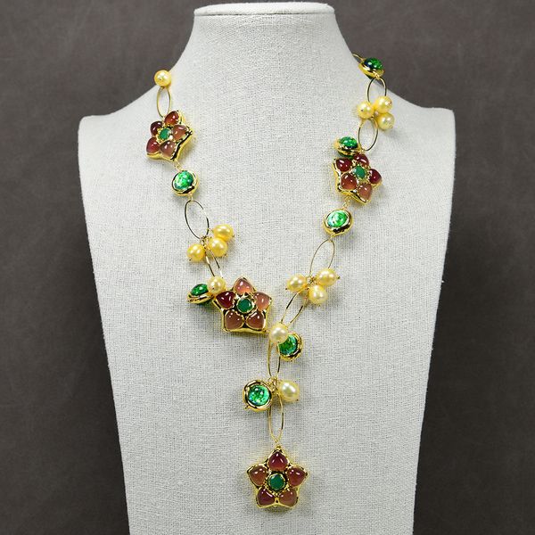 

freshwater cultured beaded gold rice pearl green murano glass orange agate jade paved necklace lady simple jewelry gifts, Silver
