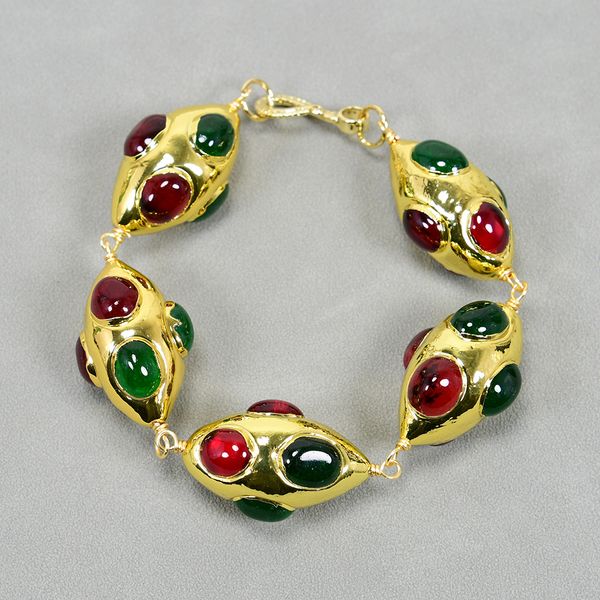 

spiritual chakras red green agate yellow gold plated edge olivary shape bracelet gems designer lady jewelry gifts, Black