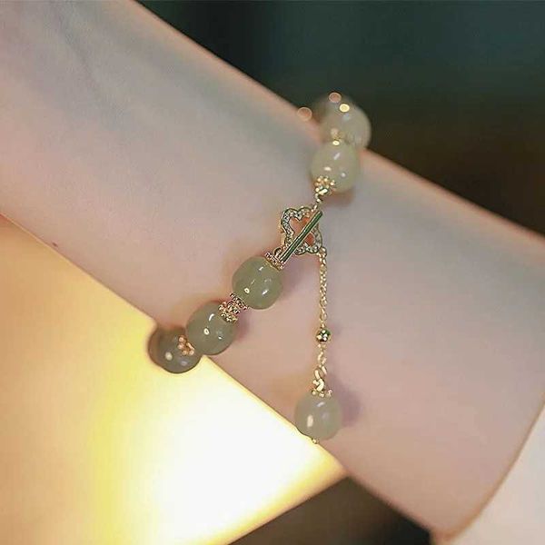 

charm bracelets new fashion vintage hetian jade beaded bracelet luxury temperament natural stone bells long tassel bracelet party ladies jew, Golden;silver
