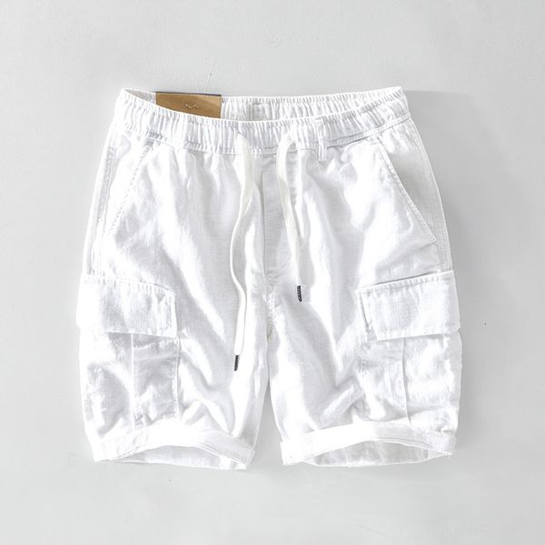 

men's shorts t116 spring summer men's cargo shorts casual minimalist style sports multi pocket drawstring elastic waist cotton lin, White;black