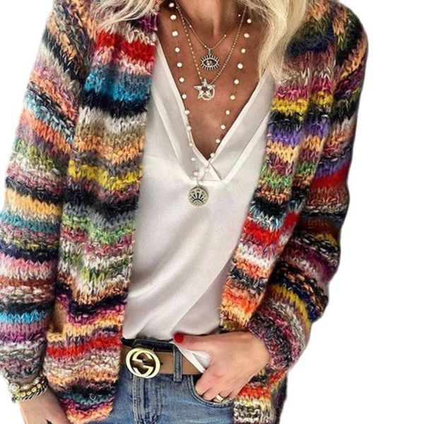 

women's knits tees spring women cardigan elegant multicolor print knitted sweater long sleeve coat ladies casual pocket sweaters 23040, White