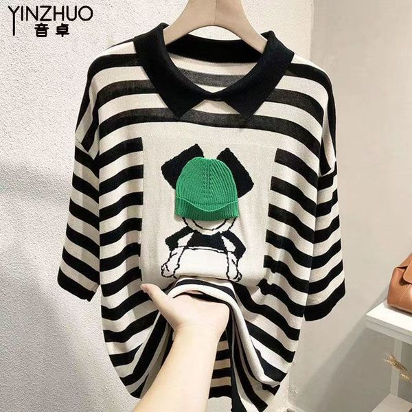 

women's new stripe knitted short t-shirt doll neck loose versatile slim top, White