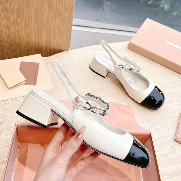 

elegant dress shoes designer low heel women buckle toe sandals pearl metal chain decoration colored genuine leather party dance shoe slingba, Black
