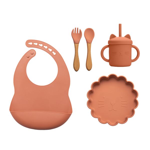 

cups dishes utensils 5pcsset cute cartoon lion baby silicone plate spoon set feeding bowl silica gel kids tableware 230403
